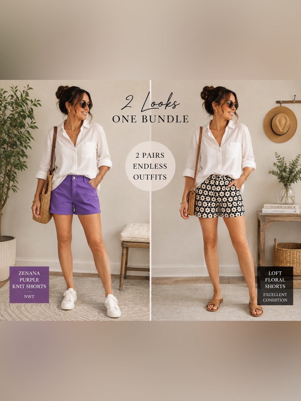 Zenana NWT Purple Knit Shorts + LOFT Black Cream Floral Shorts Bundle | Size S - Picture 2 of 11